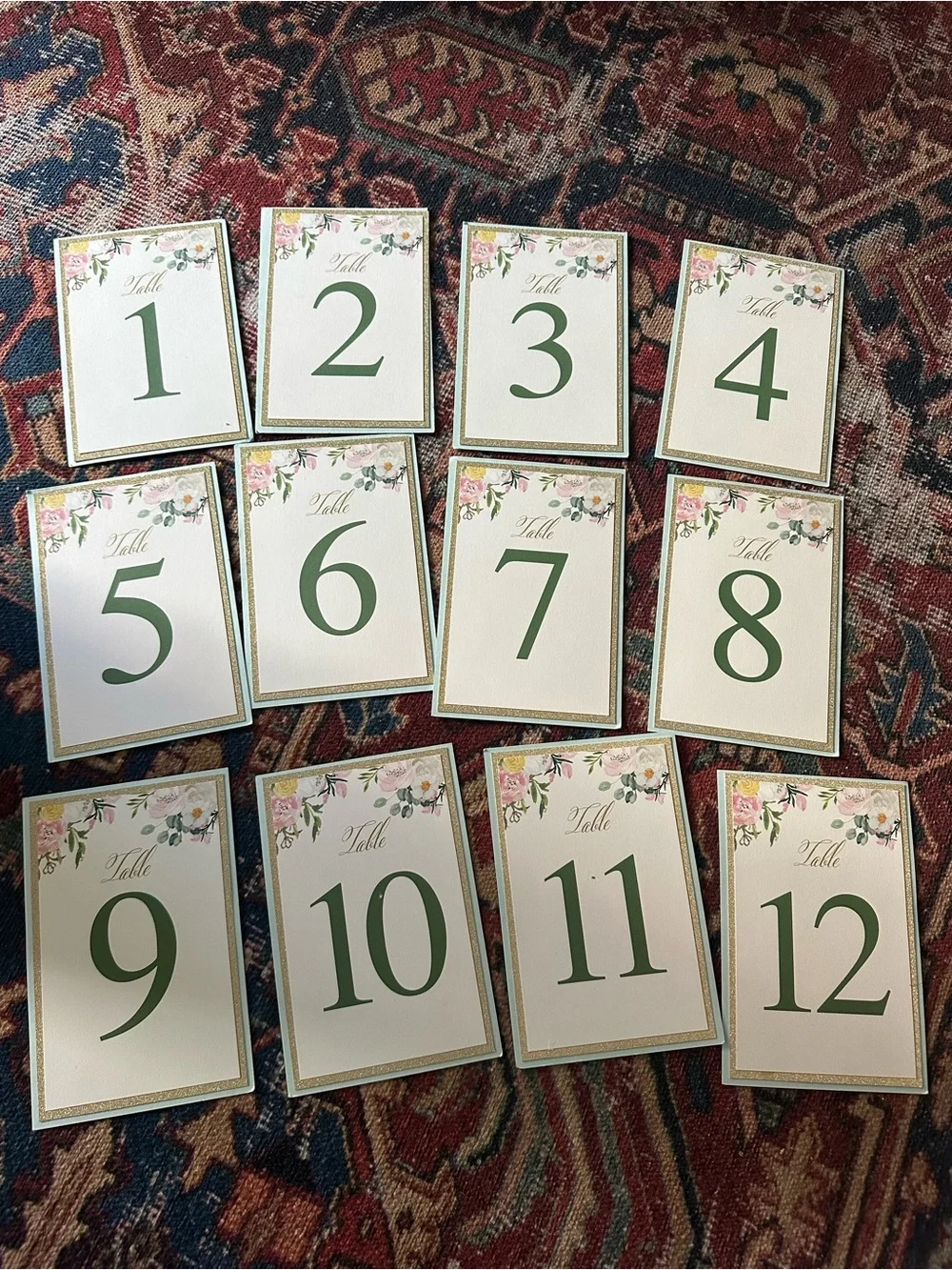 Floral Table Number Cards Set (1-12) in floral with gold and blue accents